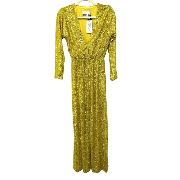 Aniye By Dresses & Skirts - Aniye By Sequin Yellow Long Sleeve V-Neck Maxi Dress Womens S